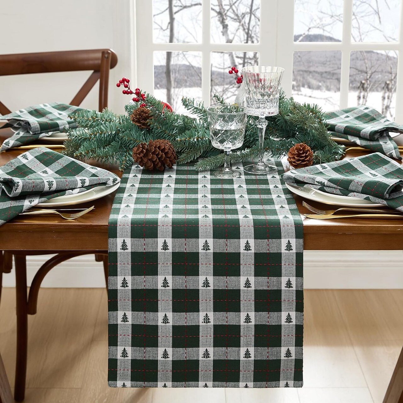 Home Fashions Sherwood Tree Dobby Christmas/Holiday Cotton Dining Table or Console Runner, 13"x70", Green